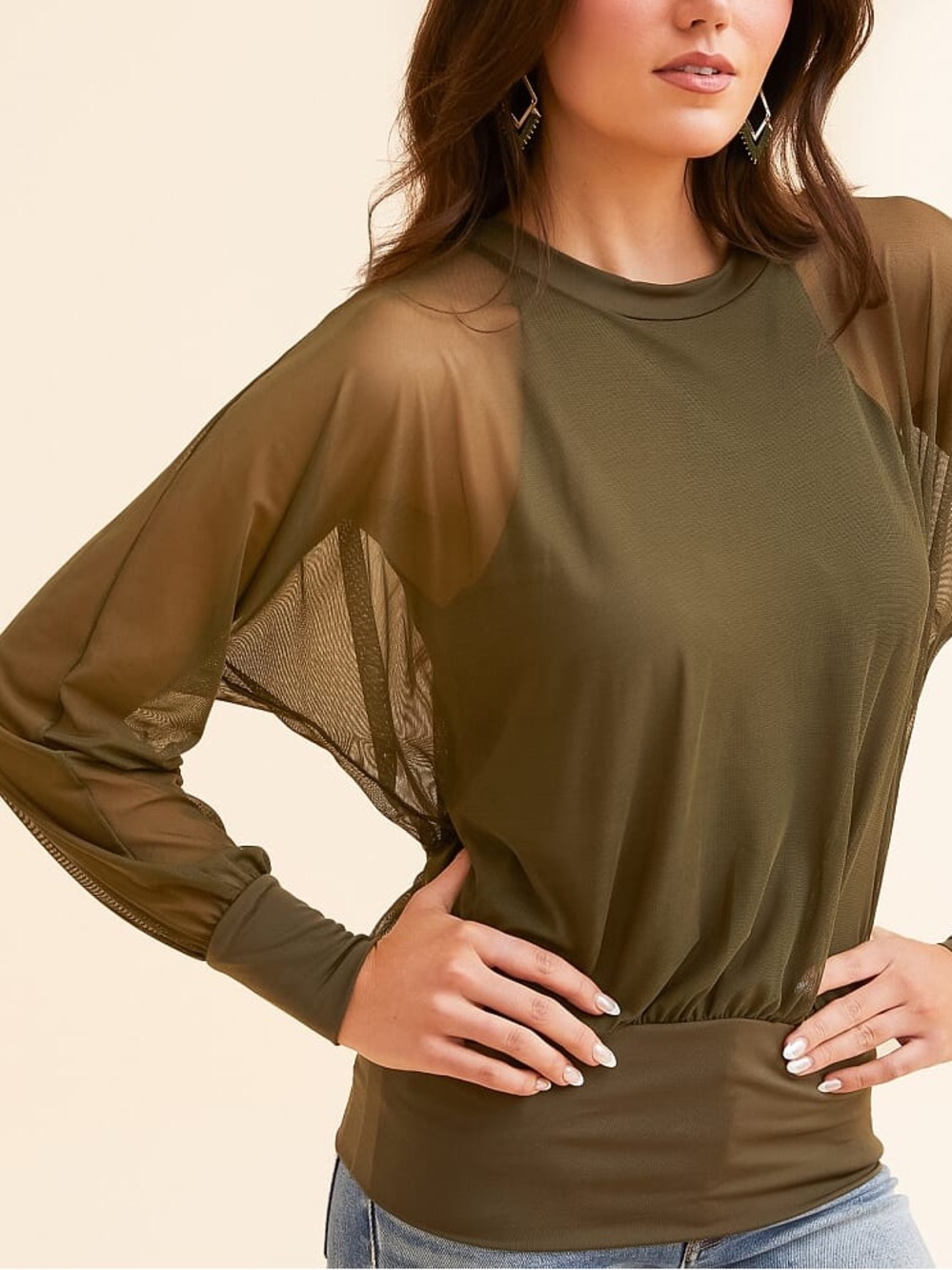 Daytrip Olive Sheer-Mesh Sleeve Top